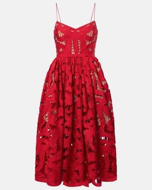 Self-Portrait Bow Lace Linen And Cotton Midi Dress - Red