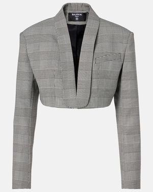 Balmain Houndstooth Cropped Wool-Blend Blazer - Grey