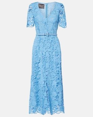 Monique Lhuillier Vestido Midi De Encaje Floral Con Cinturon - Azul