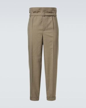 Saint Laurent Belted Wool Gabardine Tapered Trousers - Natural