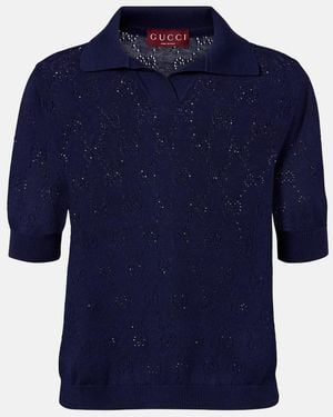 Gucci Gg Pointelle Silk And Cotton Polo Shirt - Blue