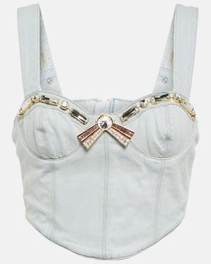 Area Crystal-embellished Denim Crop Top - White