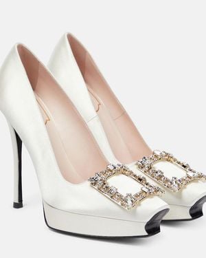 Roger Vivier Flower Strass Satin Platform Court Shoes - White