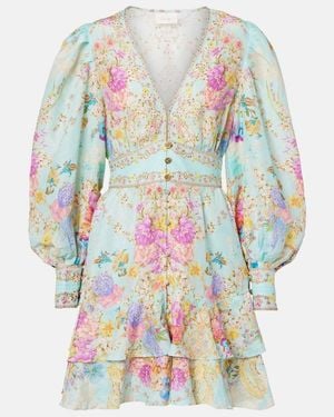 CAMILLA Embellished Floral Linen And Silk Minidress - Blue