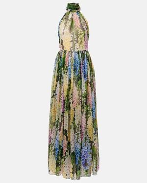 Oscar de la Renta Floral Gathered Silk Chiffon Gown - Green