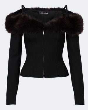 David Koma Off-Shoulder Wool-Blend Zip-Up Top - Black