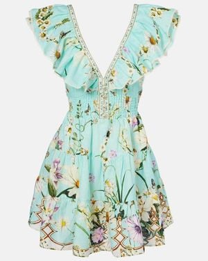 CAMILLA Floral Embellished Linen Minidress - Blue
