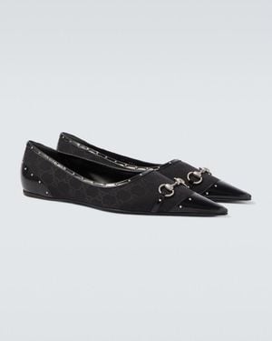 Gucci Horsebit Gg Canvas Studded Flats - Black