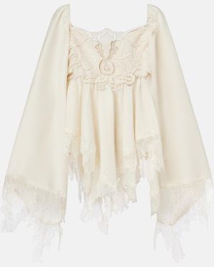 Blumarine Embroidered Lace-Trimmed Blouse - Natural