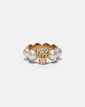 McQueen Ring Skull Mit Kristallen Und Zierperlen - Mettallic