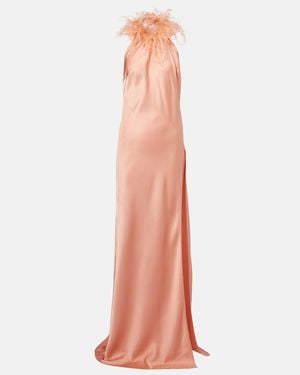 The New Arrivals Ilkyaz Ozel Jazzy Feather-Trimmed Satin Gown - Orange