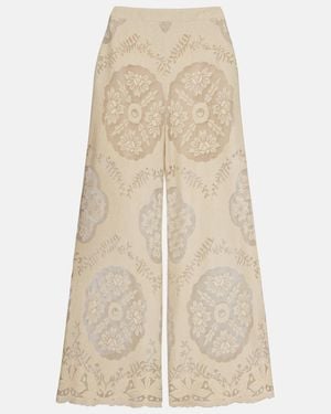 Valentino Embroidered Cotton-Blend Wide-Leg Pants - Natural