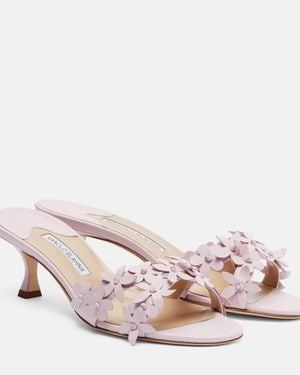 Manolo Blahnik Anista Floral-Applique Leather Mules - Pink