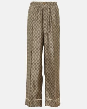 Gucci Gg Supreme Printed Silk Twill Wide Pants - Natural