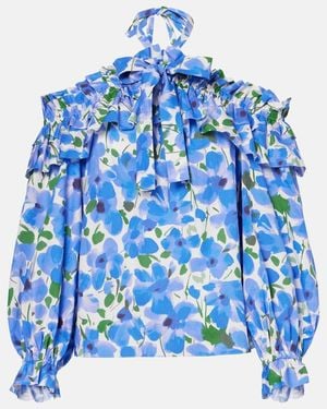 Carolina Herrera Floral Off-Shoulder Cotton-Blend Top - Blue
