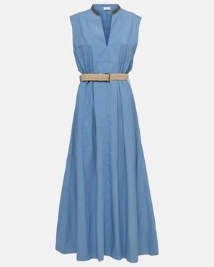 Brunello Cucinelli Belted Embellished Cotton-Poplin Maxi Dress - Blue