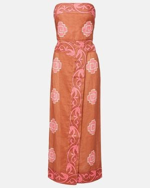 Johanna Ortiz Embroidered Smocked Linen Midi Dress - Orange