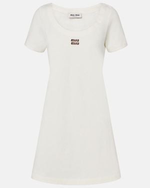 Miu Miu Vestido Corto De Jersey De Algodon Con Piel - Blanco