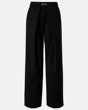 Loewe Logo Wool Mid-Rise Straight Pants - Black