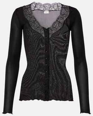 Saint Laurent Lace-Trimmed Semi-Sheer Silk Top - Black