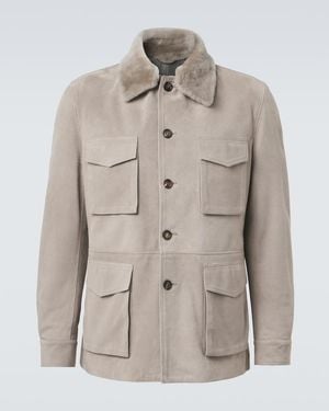 Eleventy Shearling-Trimmed Suede Field Jacket - Natural