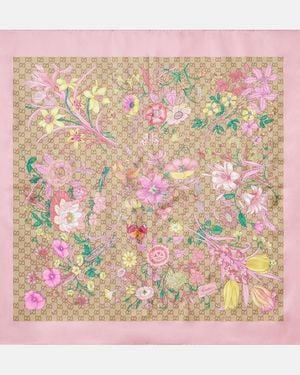 Gucci Panuelo De Seda Floral Con Gg - Rosa