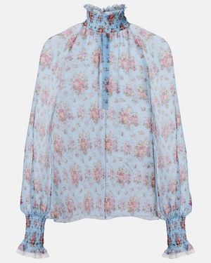 Dolce & Gabbana Floral Ruffled Silk And Cotton Blouse - Blue