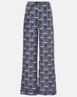 Burberry Checked Silk Straight Pants - Blue