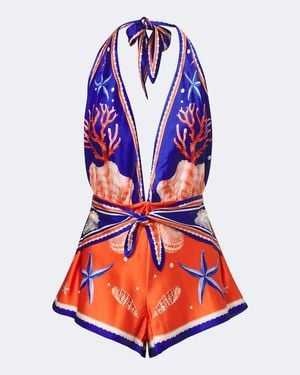 retroféte Ledda Printed Silk-Blend Romper - Blue