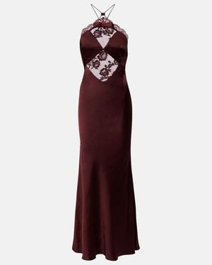 Self-Portrait Lace-Trimmed Halterneck Satin Gown - Purple