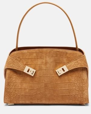 Ferragamo Hug Medium Croc-Effect Suede Shoulder Bag - Brown