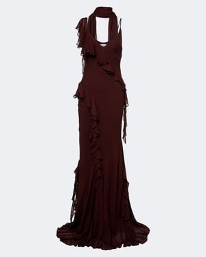 De La Vali Mayara Ruffled Scarf-Detail Georgette Gown - Red