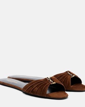Saint Laurent Cassandre Suede Slides - Brown