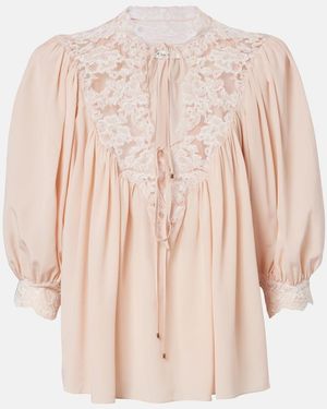 Chloé Lace-Trimmed Silk Crepe De Chine Blouse - Natural