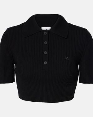 Courreges Ribbed-Knit Cropped Polo Shirt - Black