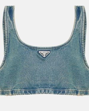 Prada Logo-Plaque Denim-Chambray Crop Top - Blue