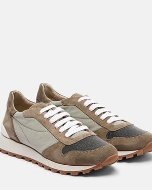 Brunello Cucinelli Monili Suede-Trimmed Trainers - Metallic