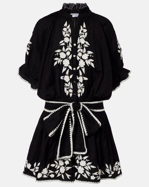 Juliet Dunn Belted Cotton And Linen Minidress - Black