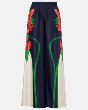 La DoubleJ Floral Silk Palazzo Trousers - Blue