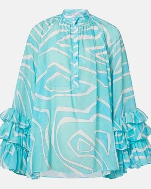 PUCCI Marmo Ruffled Cotton Blouse - Blue