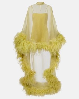 ‎Taller Marmo Daisy Feather-Trimmed Organza Kaftan - Yellow