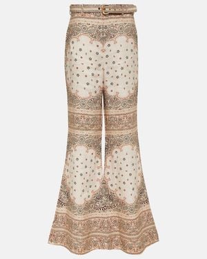 Zimmermann Belted Paisley-print Linen Flared Trousers - Natural