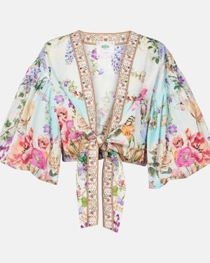 CAMILLA Tie-Front Puff-Sleeve Crop Top - Multicolour