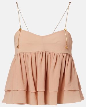 Chloé Tiered Ruffle Organic Silk Georgette Babydoll Top - Orange
