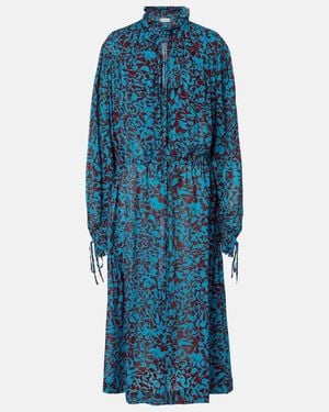Dries Van Noten Vestido Camisero Estampado Con Volantes - Azul