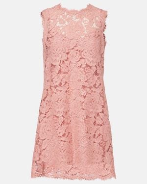 Dolce & Gabbana Sleeveless Floral Lace A-Line Dress With Dg Logo - Pink