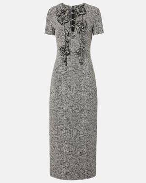 Oscar de la Renta Floral-Applique Cotton-Blend Tweed Midi Dress - Grey