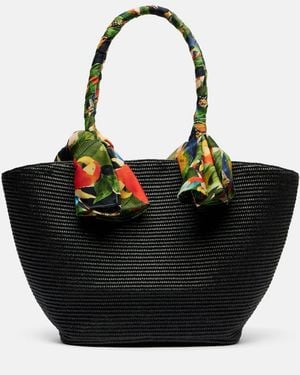 FARM Rio Tote Bag Basket Medium Aus Raffiabast Mit Seide - Schwarz