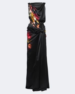 Dries Van Noten Draped Printed Silk Satin Gown - Black