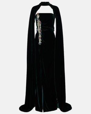 Costarellos Brisha Caped Embellished Velvet Gown - Black